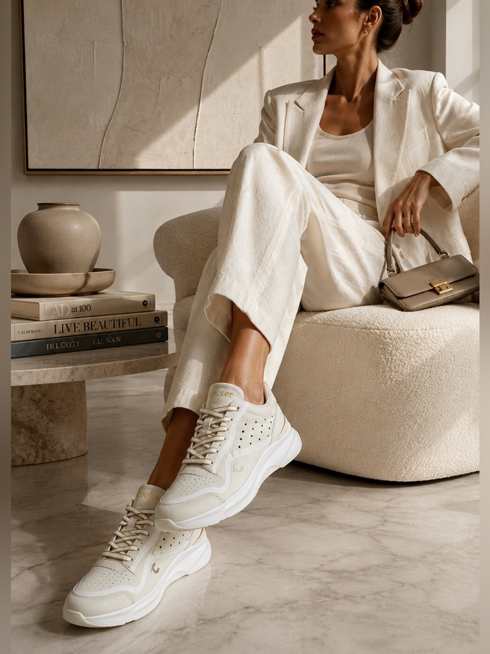 Courser White Mono Size 9.5 Uno Nubuck Leather Sneakers Quiet Luxury